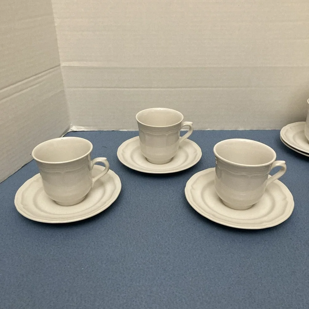 Stoneware Country White French Country Design Coffee Cup with Saucer - Set of‎ 7